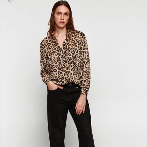 Zara Leopard Print Sheer Long Sleeves Button Down Shirt - Picture 1 of 8
